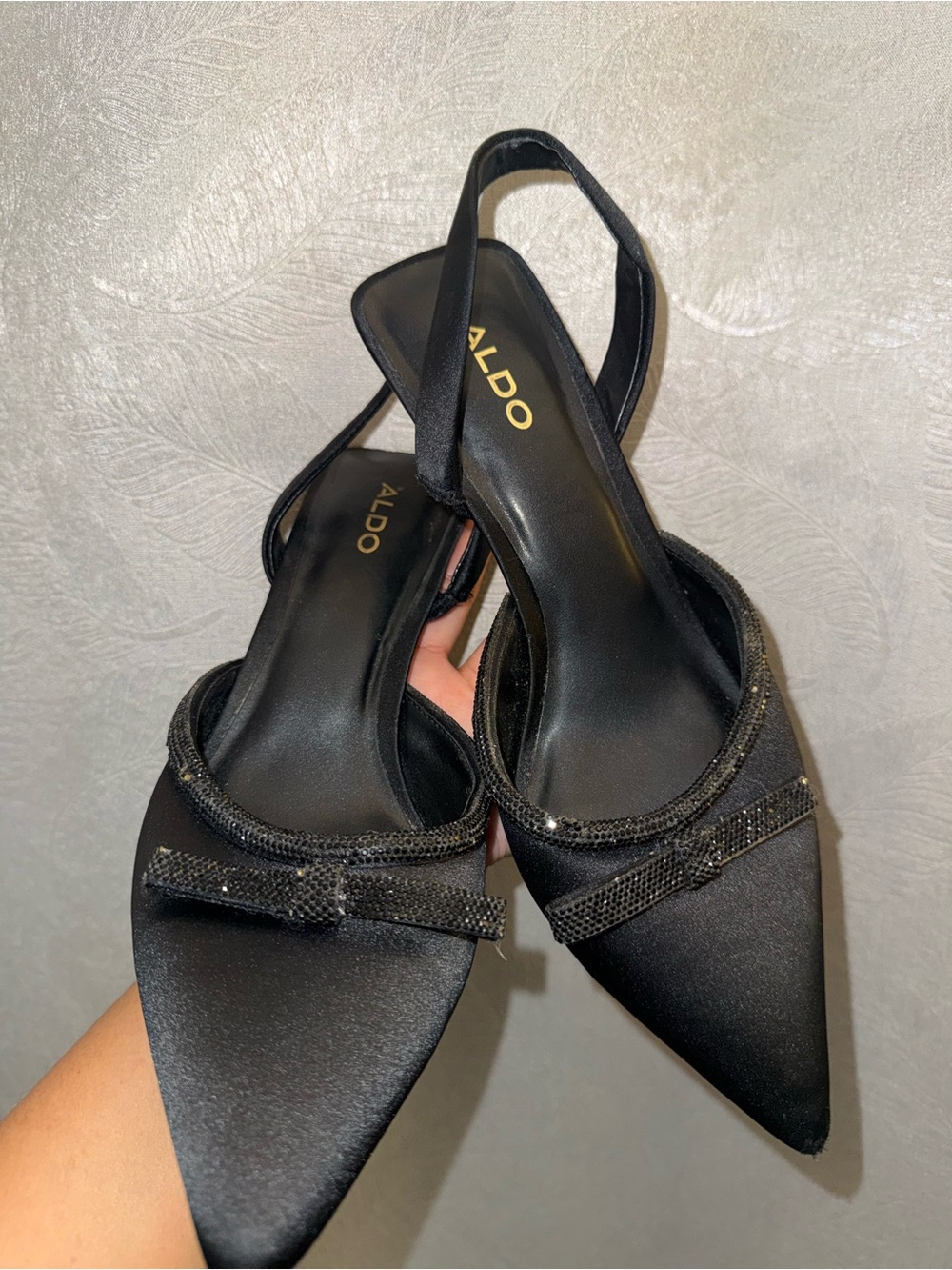 ALDO Black Satin Pointed Slingback Heels with Decorative Bow Accent